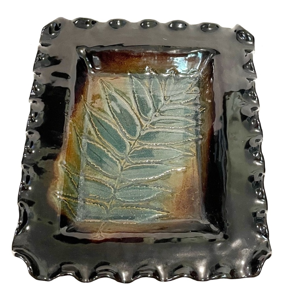 Handmade Ceramic Decorative Rectangular Dish Plate Leaf Ruffled Edge Black Green